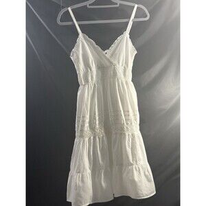 Wmns Speed Control White Cotton Smocked Tiered Lined Spaghetti Strap Dress Sz S
